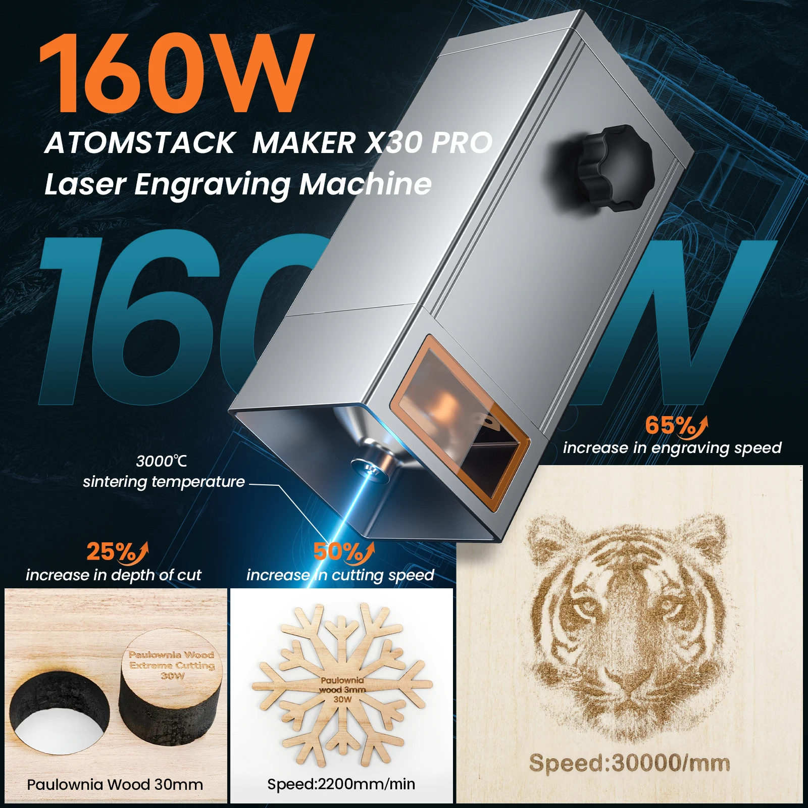 Atomstack S30 S20 A20 X20 PRO 160W 레이저 타각기, 0.08x0.1mm 레이저 스폿, CNC 갈망 나무 아크릴 금속, 공기 보조