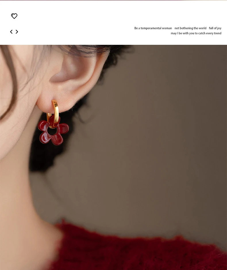 Ankela Rote Emaille Blume Anhänger Ohr Schnalle Neujahr Party Stil Schmuck Ohrringe Für Frauen Elegante Trendy Ohren Zubehör – Detail 9