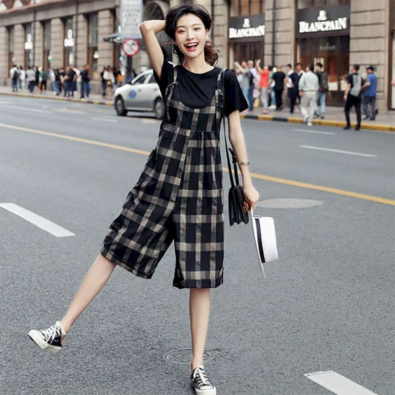

Plaid Jumpsuits Women Summer Korean style Playsuit Loose Casual One Piece Outfit Women Clothing Wide Leg Shorts Five-point Pants