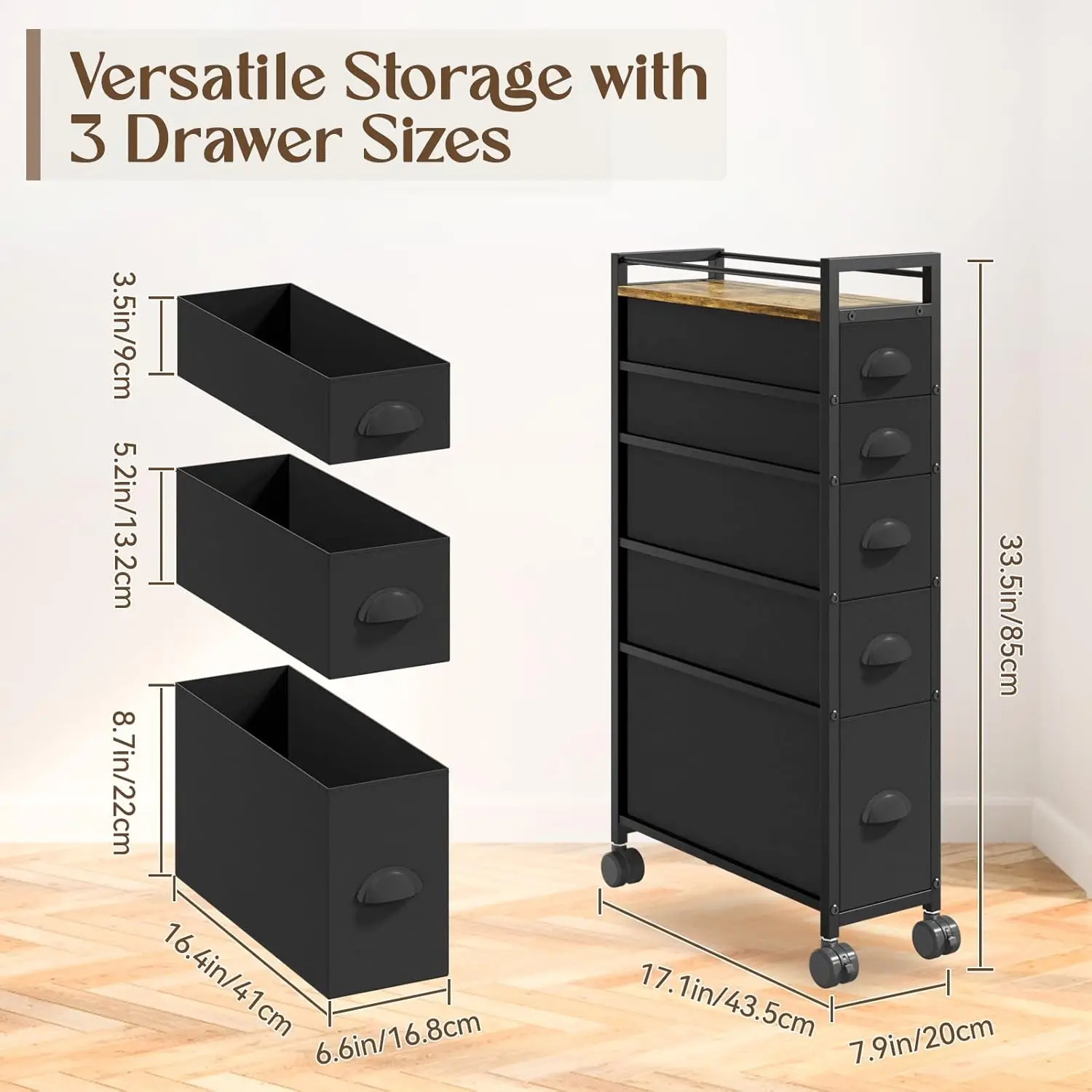 LASZOLA 5 Drawer Narrow Dresser Slim Cabinet Skinny Storage Tower Chest, Ideal for Small Spaces Bathroom Bedroom, Between Washer 3