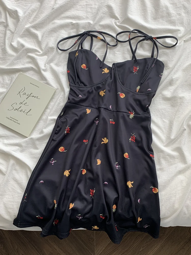 

Женское винтажное платье с цветочным принтом, длинное облегающее платье на бретелях с бантом и модным принтом, в американском стиле, на лето