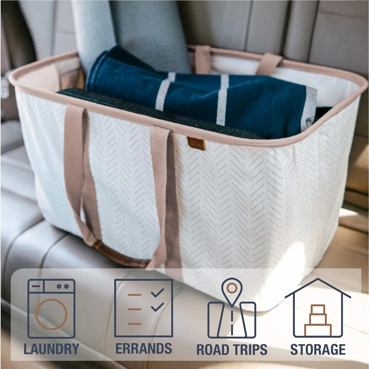 CleverMade Collapsible Laundry Tote, LUXE Cream Herringbone 2PK-50L (13 Gal) Premium Cotton Blend Collapsible Laundry Baskets