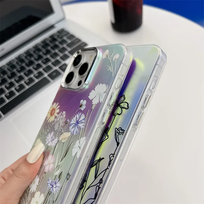 Coque de téléphone de luxe galvanisée à motif de fleur laser pour iPhone 16 15 14 13 Pro Max, coque arrière rigide antichoc en PC mat_voghion.com