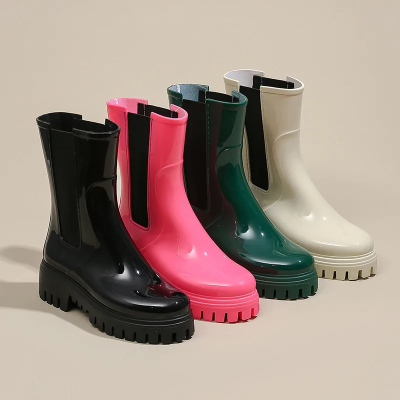 

2023 Women Mid-calf Motocycle Rain Boots Thick Bottom Platform Water Shoes Non-slip Wellies Boots Multi Colors