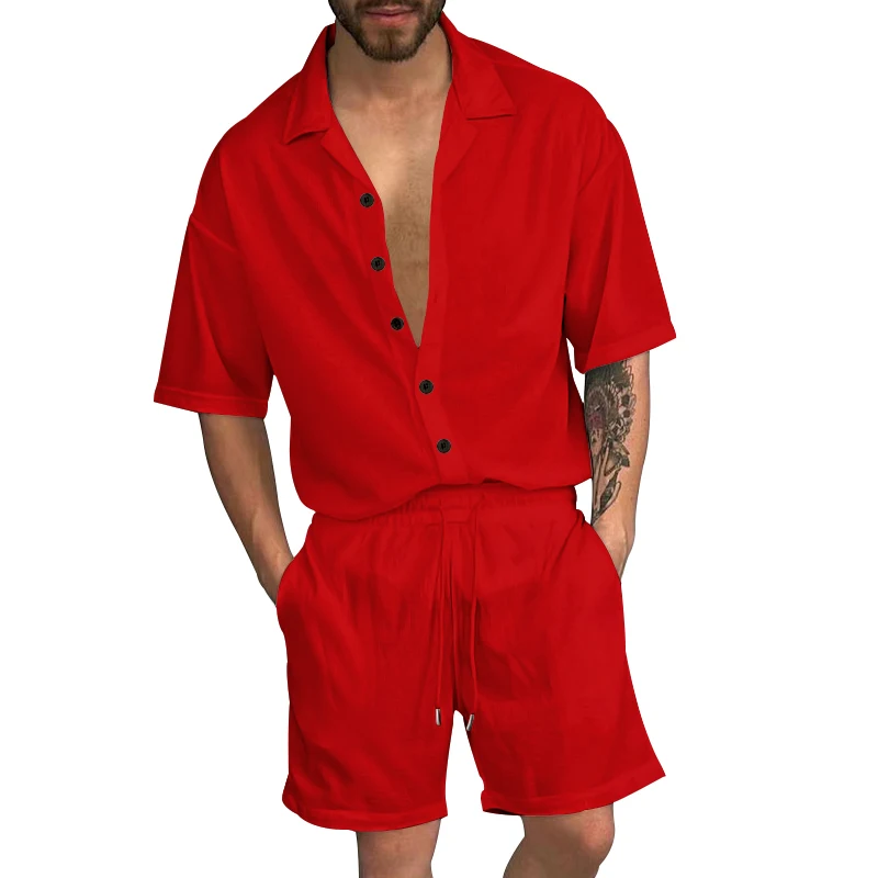 Conjunto de dos piezas de camisa y pantalones cortos de manga corta para hombre, estilo playero, informal, de color sólido, para verano, envío gratis