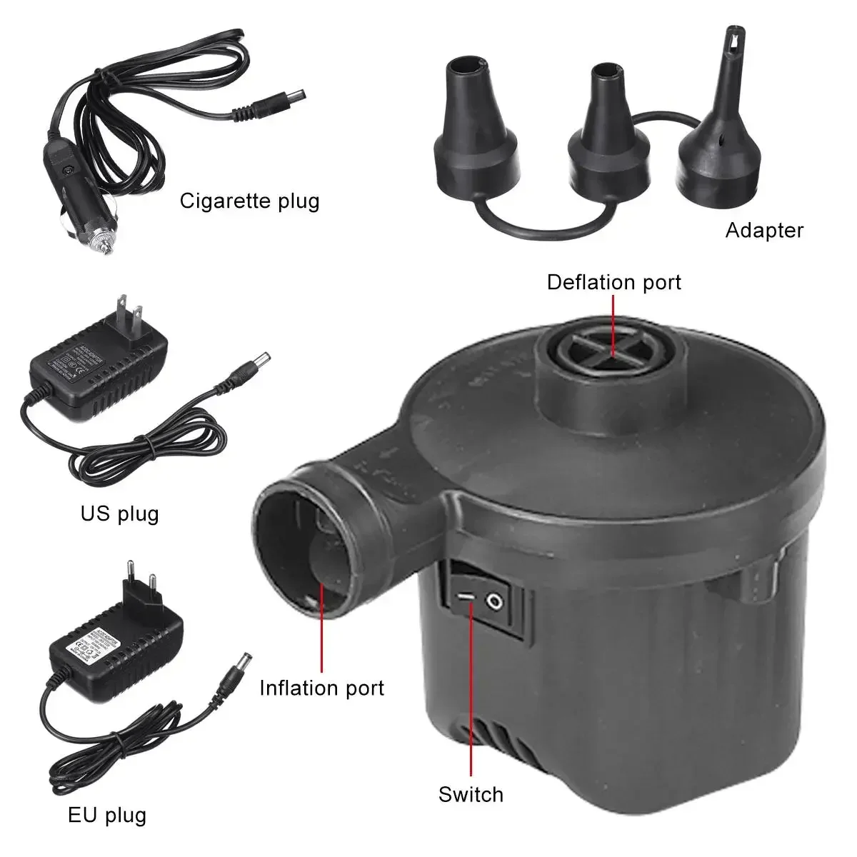 Bomba de ar Elétrica Portátil Bomba de Colchão com Bicos Inflador de Enchimento Rápido Deflator para Piscinas Cama Inflável 12v