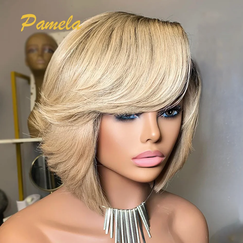

Ombre Blonde Pixie Cut Short BOB Glueless Lace Frontal Human Hair Wigs Ready to Wear 1b/27 Straight Bob With Bangs For Women