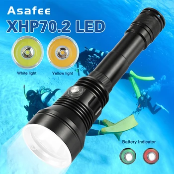 Asafee 수중 다이빙 손전등, 전문 토치, 방수 80M 야외 다이빙 LED, 노란색 및 흰색 램프, A33, 6000 LM, XHP70.2