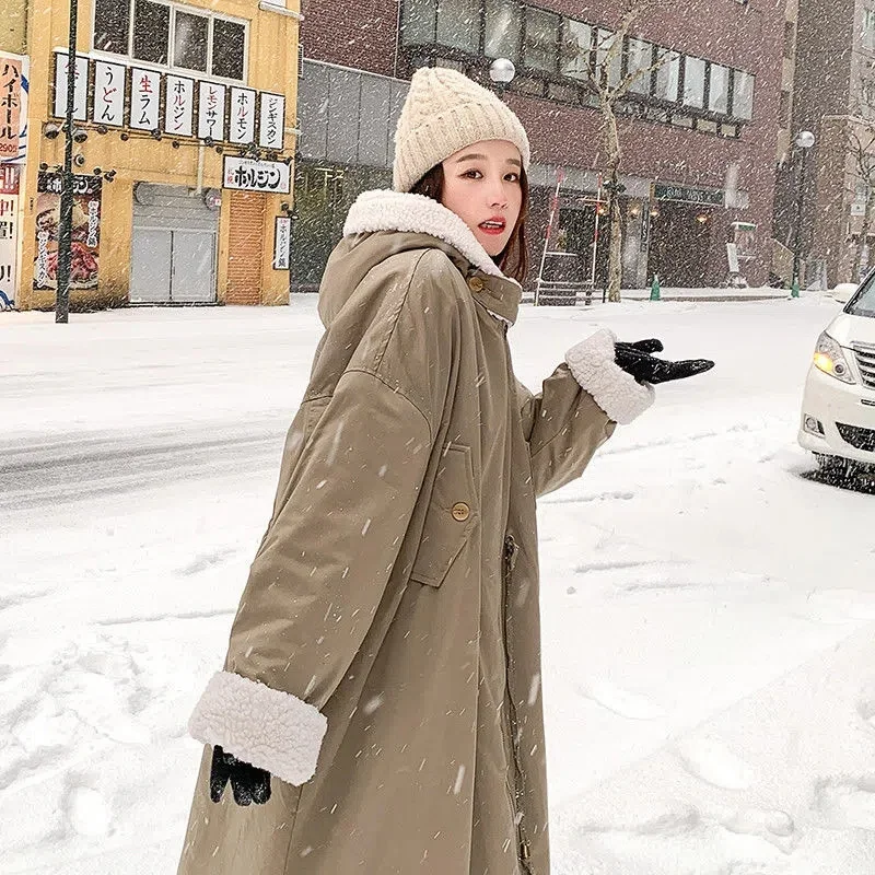 Lamb Wool Padded Female Korean Version Loose 2022 New Winter Long Plus Cashmere Parker Padded Clothing ins Tooling Female Coat X