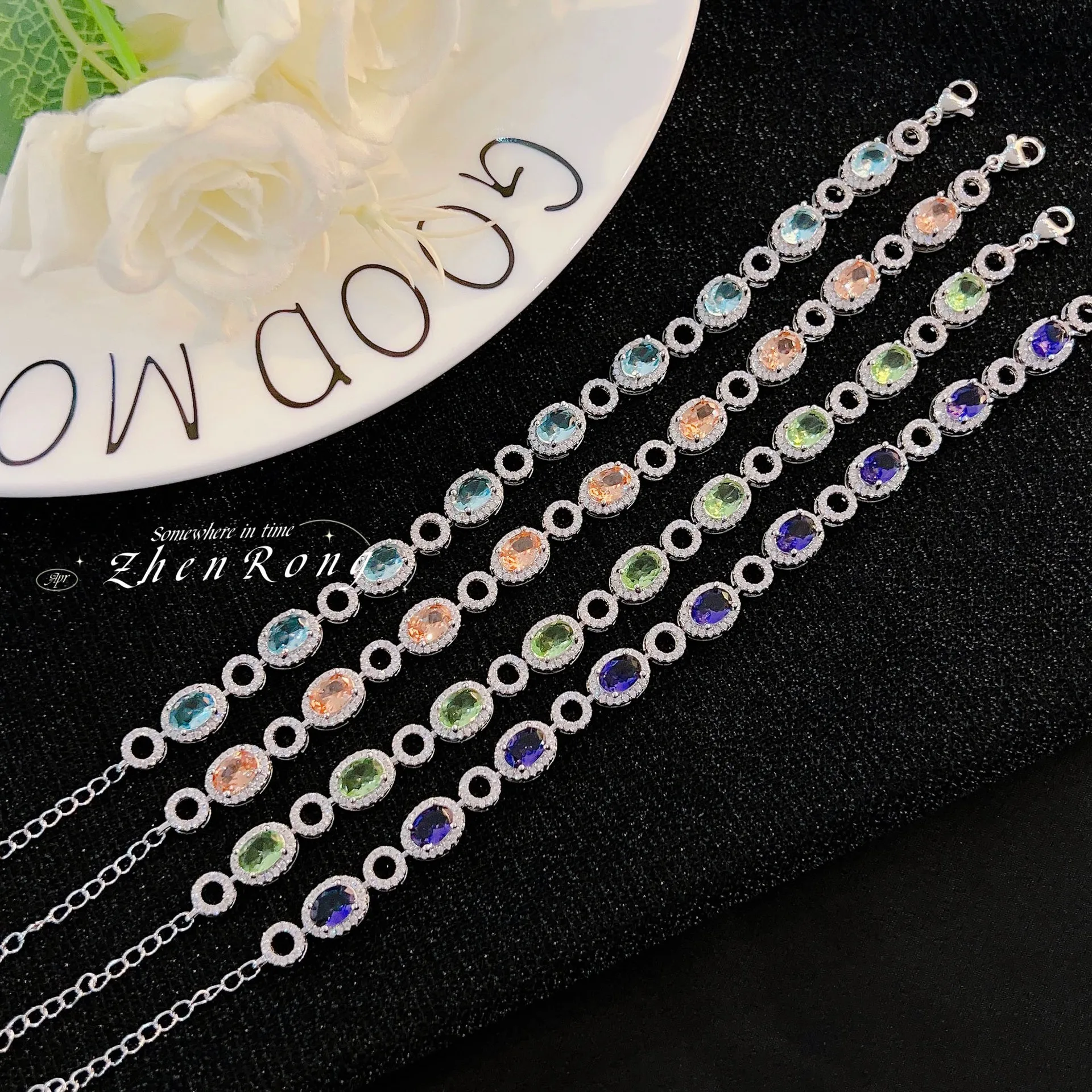 

Elegant Multicolor Zircon Bracelets For Women Luxury Fashion Banquet Wedding Accessories Oval Crystal Link Bracelet 17+4cm