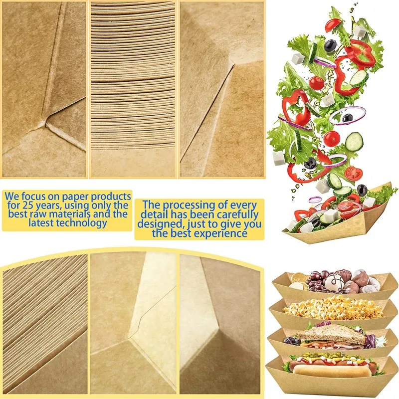 Disposable Containers 50pcs/Pack Heavy Duty Disposable Kraft Brown Paper Food Trays Grease Resistant Fast Food Snack Boat Parties Fairs