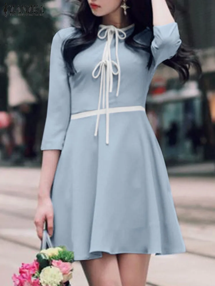 

Casual Loose Color Patchwork Party Robe ZANZEA Summer Mini Dress Women O Neck Bandage Sundress 2024 Elegant 3/4 Sleeve Dresses