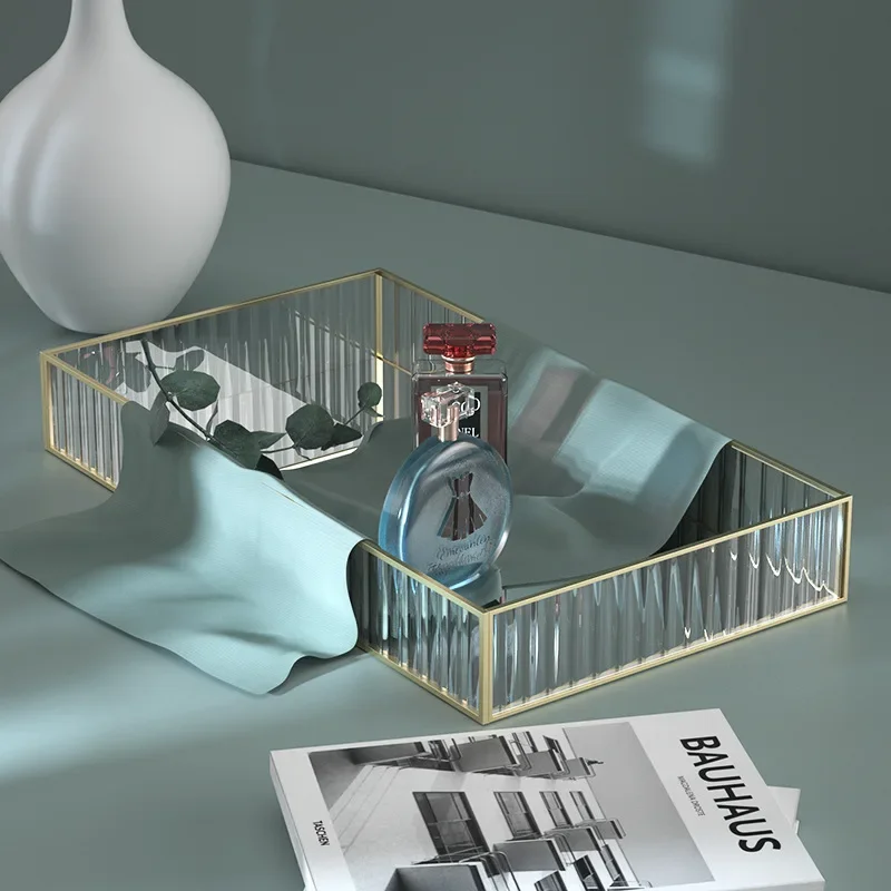 Makeup Storage Tray Glass Transparent Cosmetic Organizer Metal Perfume Lipstick Stand Rectangle Dresser Decoration Tray for Home 3