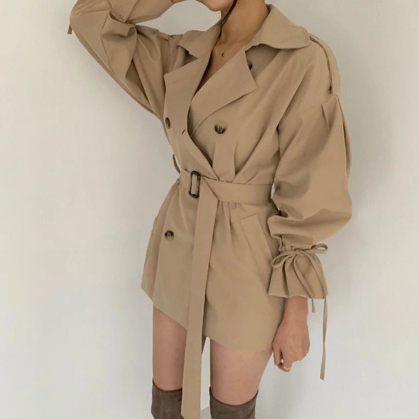 Korean Chic Early Autumn Minimalist French Lapel Double Row Buckle Show Thin Belt Solid Color Straight Tube Short Coat Female womens long black puffer coat