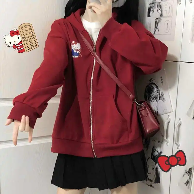 

Sanrio Kawaii Hello Kitty Outer Garment Anime Cute Cartoon New Red Plush, Thick and Loose Student Zippered Hoodie Girl Toys