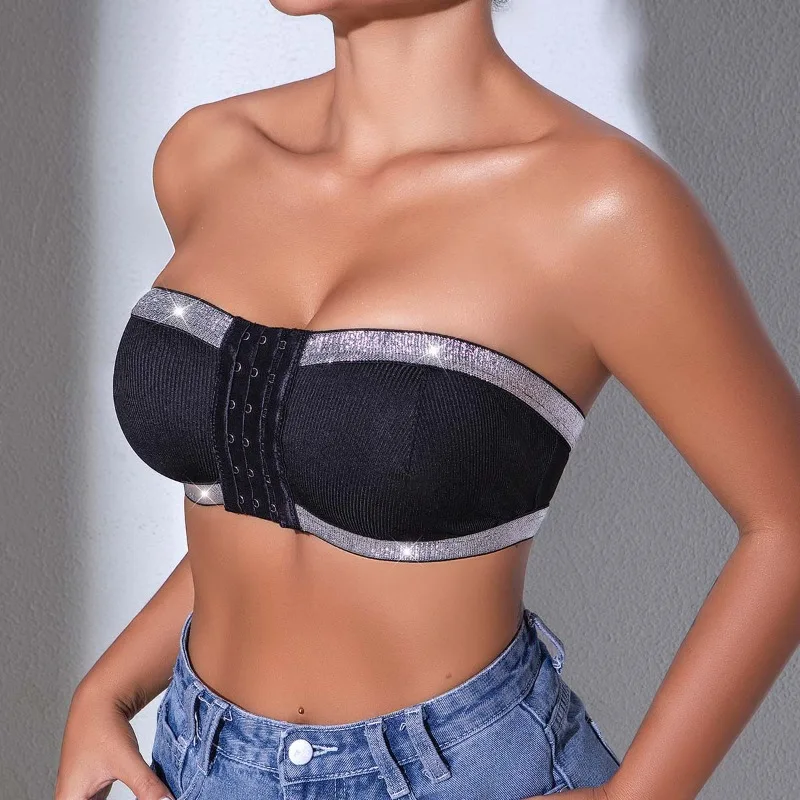 Women's Sexy Strapless Backless Bra Shiny Charming Lingerie Erotic Elegant Front Buckle Brassiere Wire-Free No Pad Bras