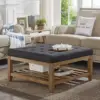 Large Square Upholstered Tufted Linen Ottoman Coffee Table, Large Footrest Ottoman with Solid Wood Shelf- Charcoal 1