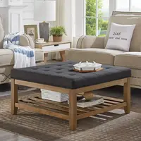 Large Square Upholstered Tufted Linen Ottoman Coffee Table, Large Footrest Ottoman with Solid Wood Shelf- Charcoal 1