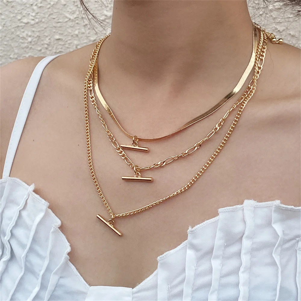 

Boho Vintage Fashion Golden Color Snake Chain Punk Chain Geometric Pendant Necklace For Women Multilevel Choker Jewelry Gfit