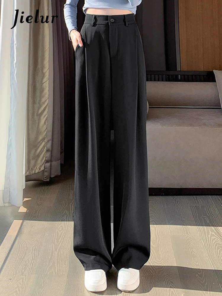 Jielur Grey Basic Chic High Waist Slim Female Wide Leg Pants Classic Straight Simple Casual Fashion Solid Color Women Suit Pants