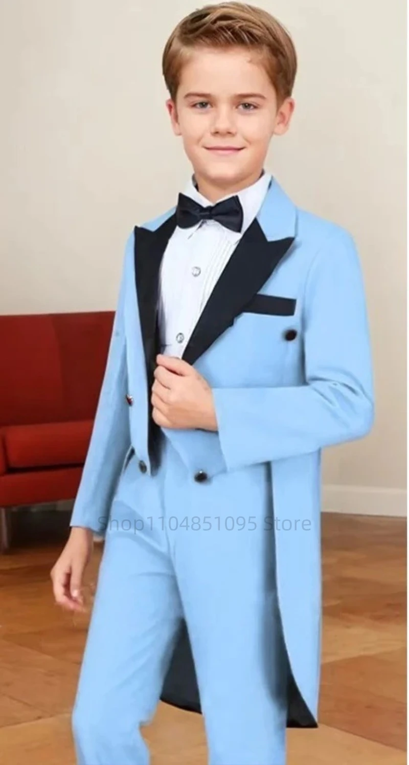 Solid 2 Pieces Boy Tailcoat Suits Children Peak Lapel Long Jacket Pants Sets Flower Boys Formal Party Suit Kids Wedding Tuxedo