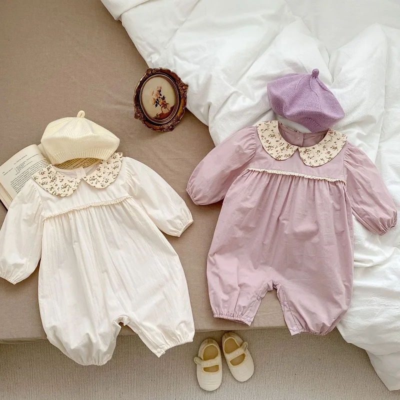 

2023 Spring Newborn Baby Girl Clothes Long Sleeve Flower Peter Pan Collar Princess Romper Jumpsuit Cotton Outfits For 0-24Months