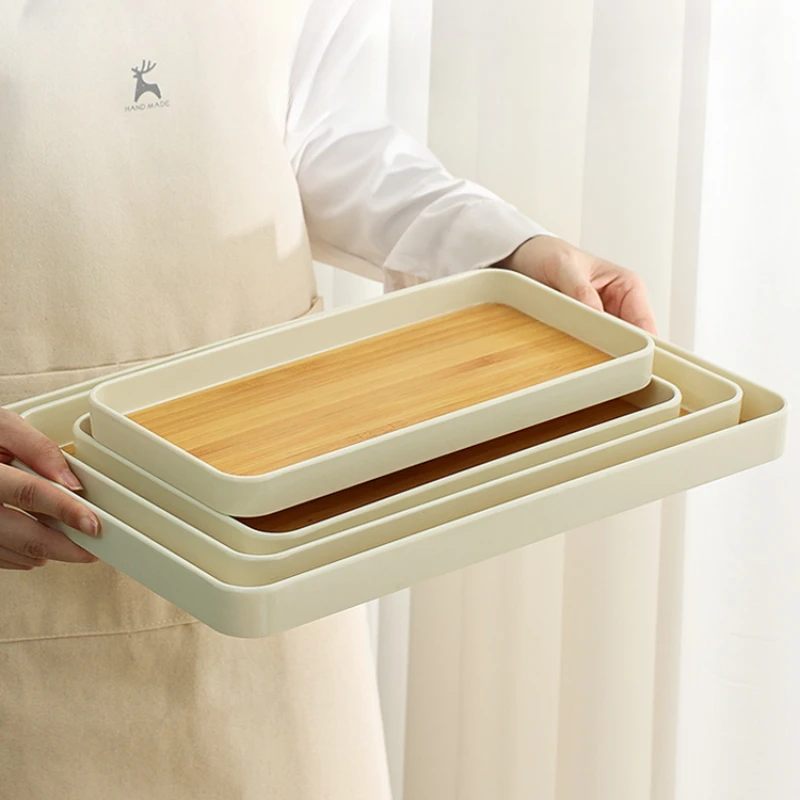 Bamboo Tray Japanese Dinner Plate Imitation Bamboo Pattern Tea Tray Kitchen Storage Plastic Storage Tray Thickened Anti-drop 3