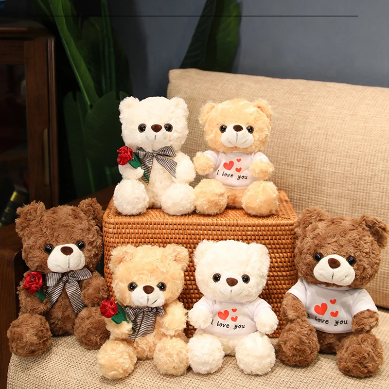 

Cute Brown White Teddy Bear Plush Toys Classic Stuffed Bear With Roses Soft Dolls Accompany Pillow Romantic Lover Birthday Gifts