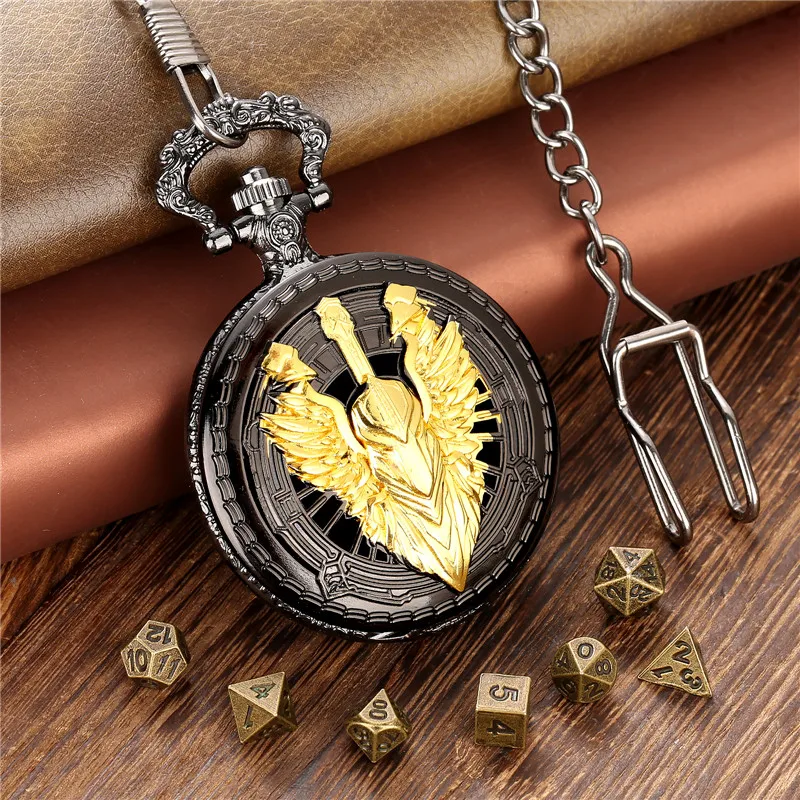 Steampunk Metal Polyhedral Dice Dragon Role Play Gaming Dices Knight Pocket Watch Case FOB Chain 7pcs