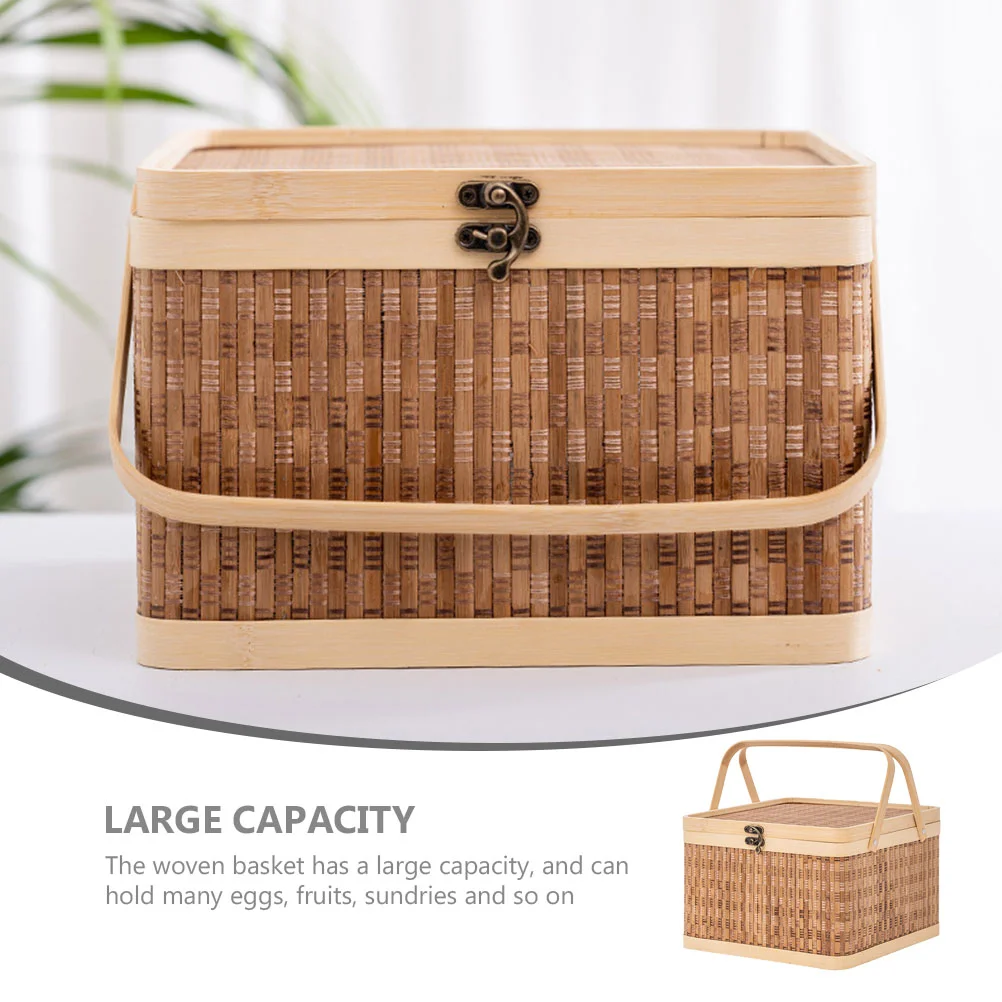Portable Large Capacity Bamboo Woven Basket Egg Storage Holder Picnic Basket Vegetable Basket Lidded Bamboo Basket Home Storage 2
