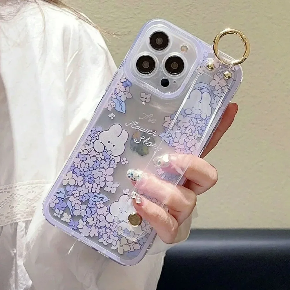 Floral Bear & Rabbit Soft TPU Phone Holder Case with Wrist Strap