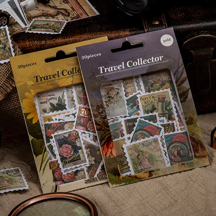 6 stili, 30 adesivi decorativi dorati a tema filatelistico da viaggio, per fai da te, scrapbook, etichette, diario, cancelleria, album, quaderni - immagine 5