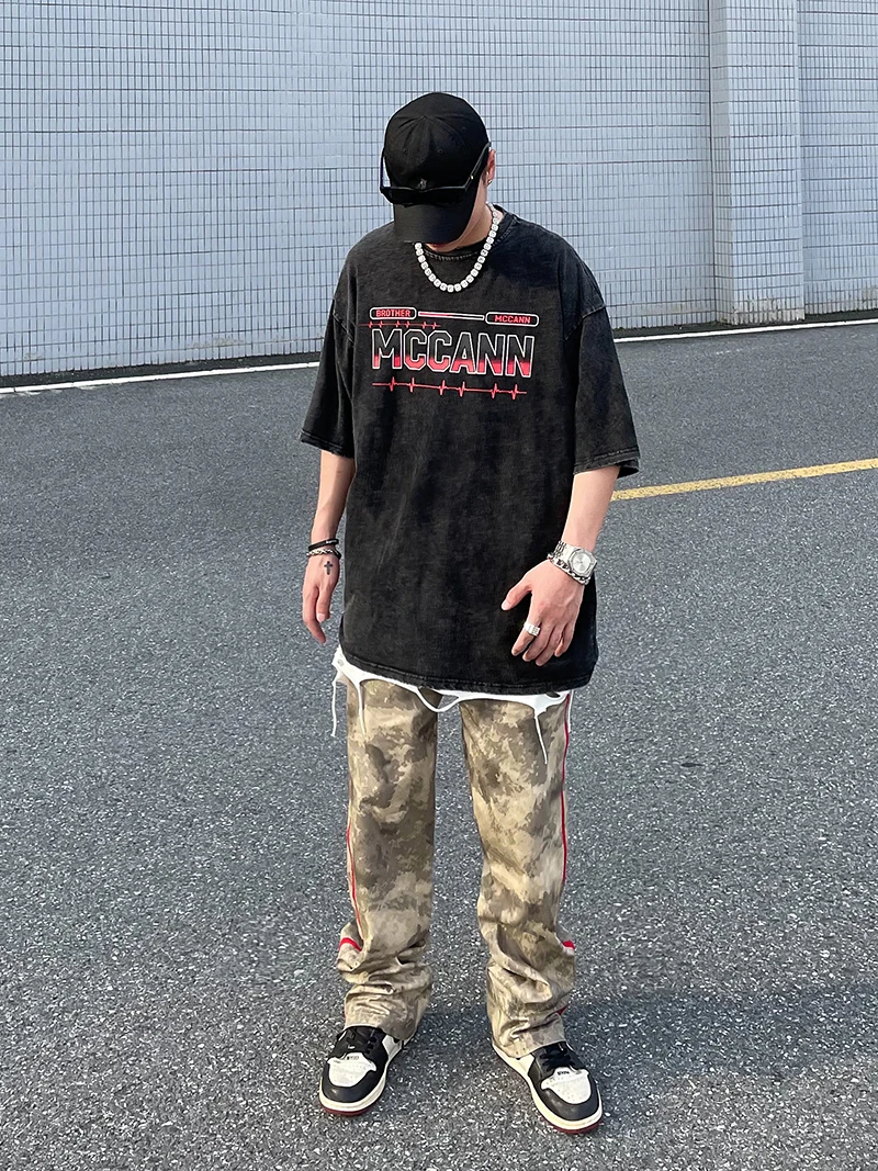 American Hip Hop High Street Y2K Zipper Split Casual Camo Pants Men's Fashion Fashion Brand Loose Straight Leg Pants