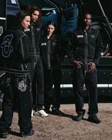 Gothic retro embroidered zipper denim jacket two-piece set for men Y2K hip-hop high street pocket straight wide leg couple jeans 1