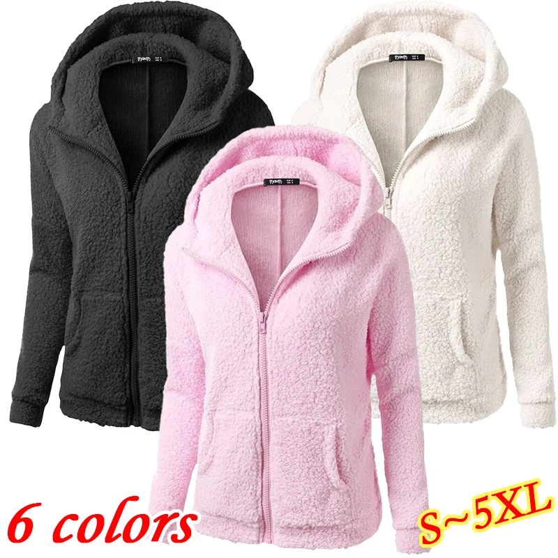 Fashionable New Women's Solid Color Plush Hooded Jacket Zipper Lamb Wool Warm Jacket Coat S~5XL