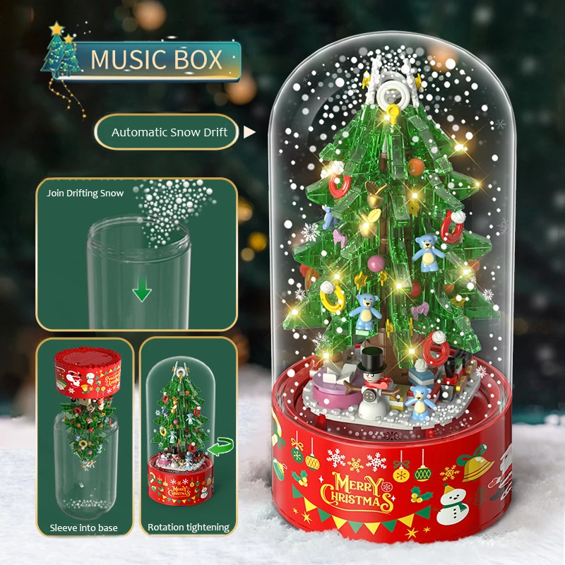 729pcs Fantasy Snow Scene Purple Christmas Tree Building Blocks Light  Rotating Music Box Christmas Gifts Romantic Ornaments - AliExpress