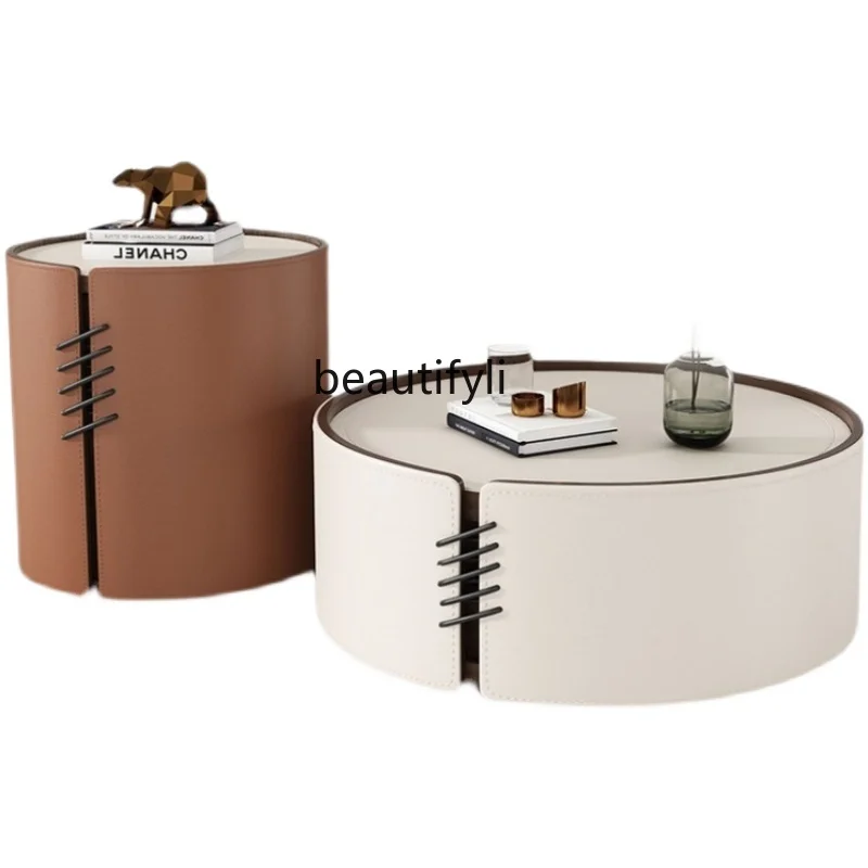 

Stone Plate Coffee Table Italian Minimalist Saddle Leather Solid Wood round Simple Living Room Creative Size round Combination