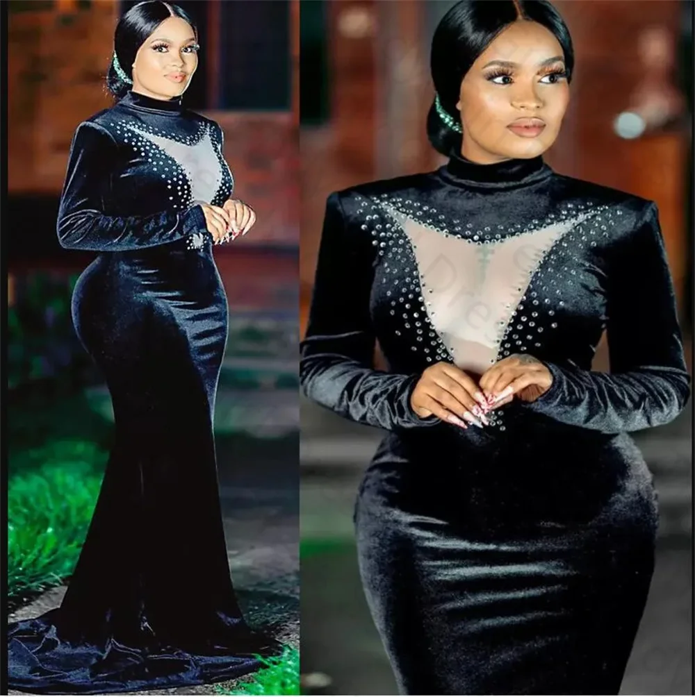 

African Plus Size Black Mermaid Prom Dresses Long Velvet Illusion Pleats Floor Length Formal Evening Gowns Robe De Soiree Femmes
