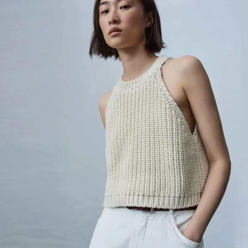

C0r Women Cotton Knitted Tank Top Sling Loose Neck Top Women Street Wear Crochet Top Hot Tops for Women Solid Color Loose Casual
