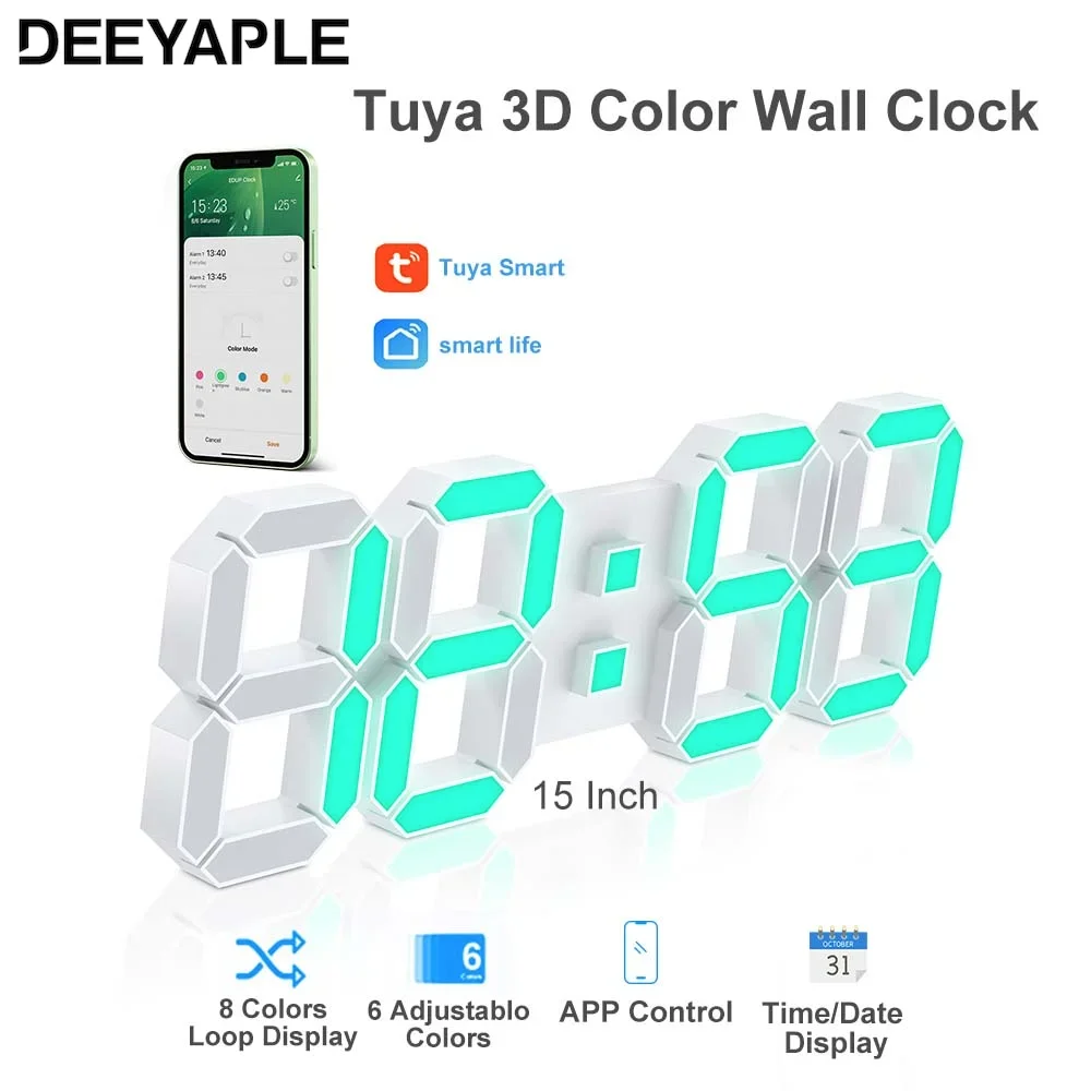 DeeyapleTuya15InchColorDigitalClock3DLedWallAlarmClockNordic