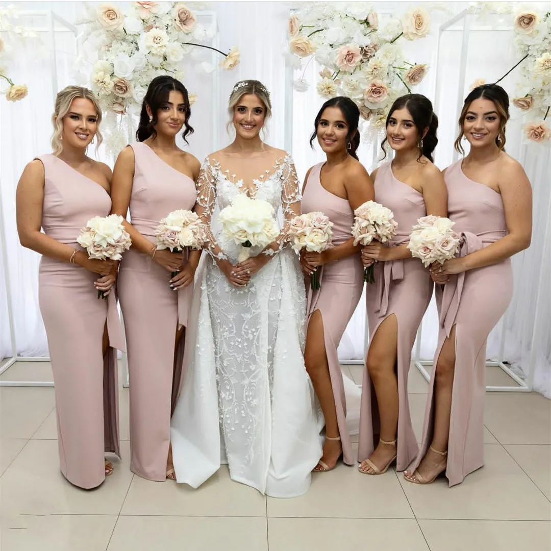 

Women's Long Crepe Pink Bridesmaid Dresses with Slit Sheath One Shoulder Floor Length Side Slit Formal Evening Dress
