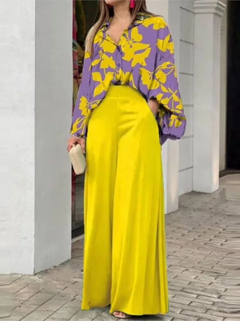 Fashion Print Set Women Casual Long Sleeve Button Shirt+Pockets High Waist Wide Leg Pants Office 2 Piece Sets Lady Spring Summer 2 Fashion Print Set Women Casual Long Sleeve Button Shirt+Pockets High Waist Wide Leg Pants Office 2 Piece Sets Lady Spring Summer 2