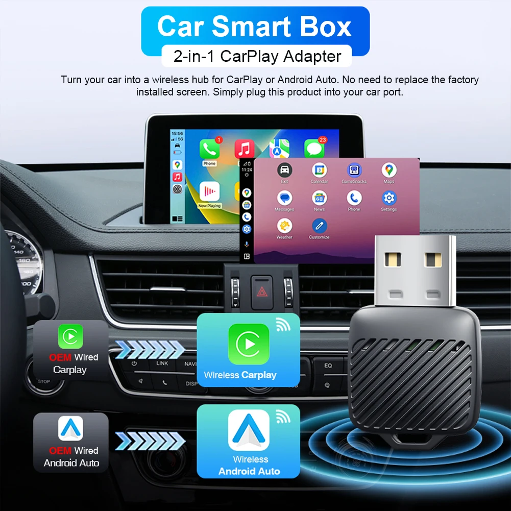 2 in 1 Wireless CarPlay Dongle for OEM Car Radio Adapter Wired to Wireless CarPlay Android Auto Mini Carplay&Auto Box