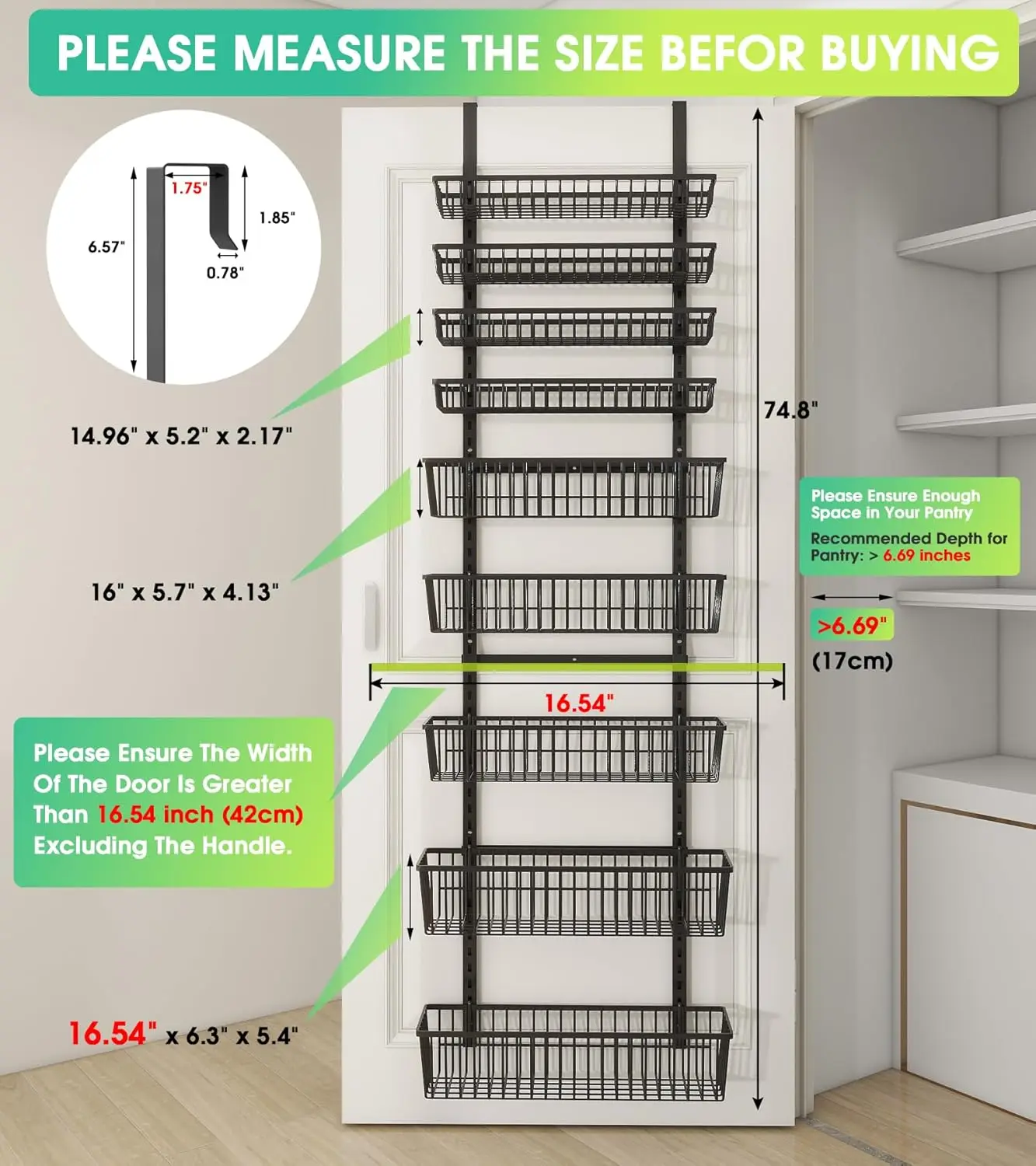 9-Tier Over The Door Pantry Organizer, Pantry Storage and Organization, Black Metal Hanging Spice Rack Seasoning Shelves Door, W 2