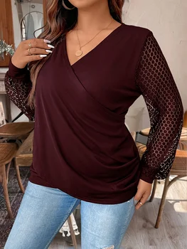 Plus Size Women's Burgundy Wrap Blouse V-Neck Lace Long Sleeve Ruched Casual Daily Office Top 2026 New 1