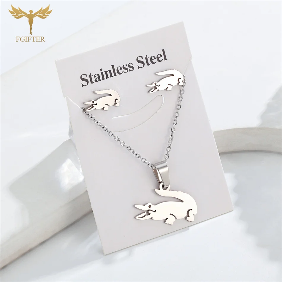Gold Plated Sainless Steel Jewelry Sets For Women Crocodile Pendant Chain Necklace Stud Earrings Animal Design Party Gifts jewelry sets jewelry set women earrings chain necklace