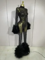 STOCK Luxury Diamond Black Mesh Transparent Stretchy Long Sleeve Jumpsuit Women Sexy Performance Singer Costume Nightclub Outfit - Image 4