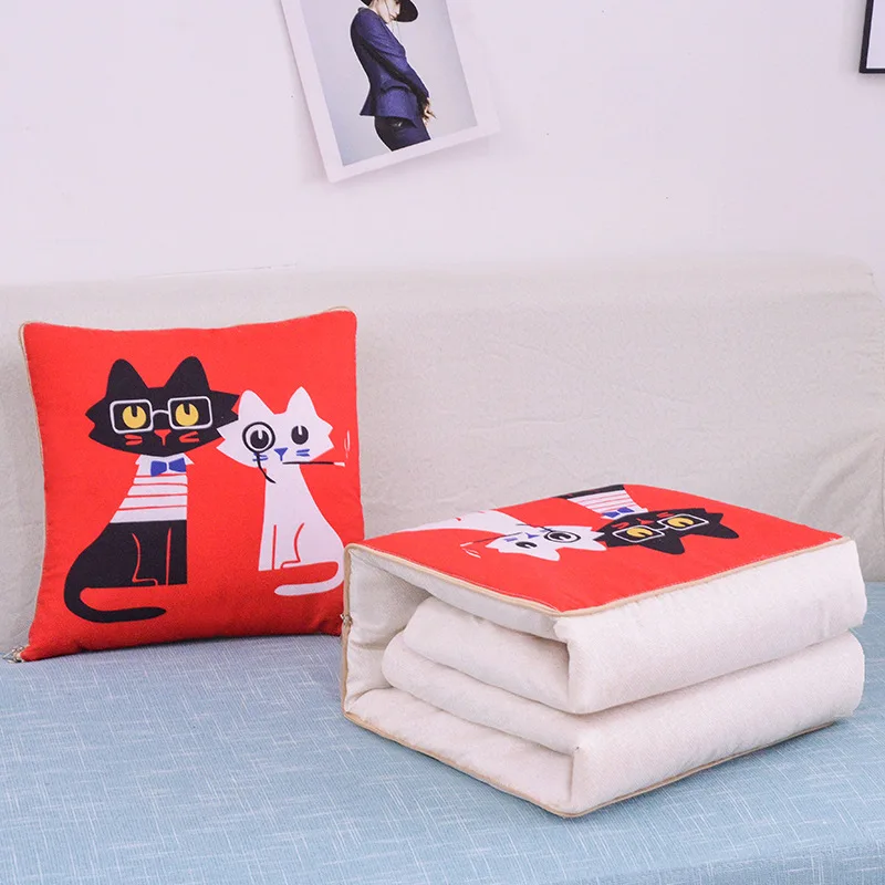 2 In 1 Pillow Travel Quilt Blanket Cartoon Thick Throw Pillow Portable Foldable Air Conditioner Cushion Blanket Car Sofa Office