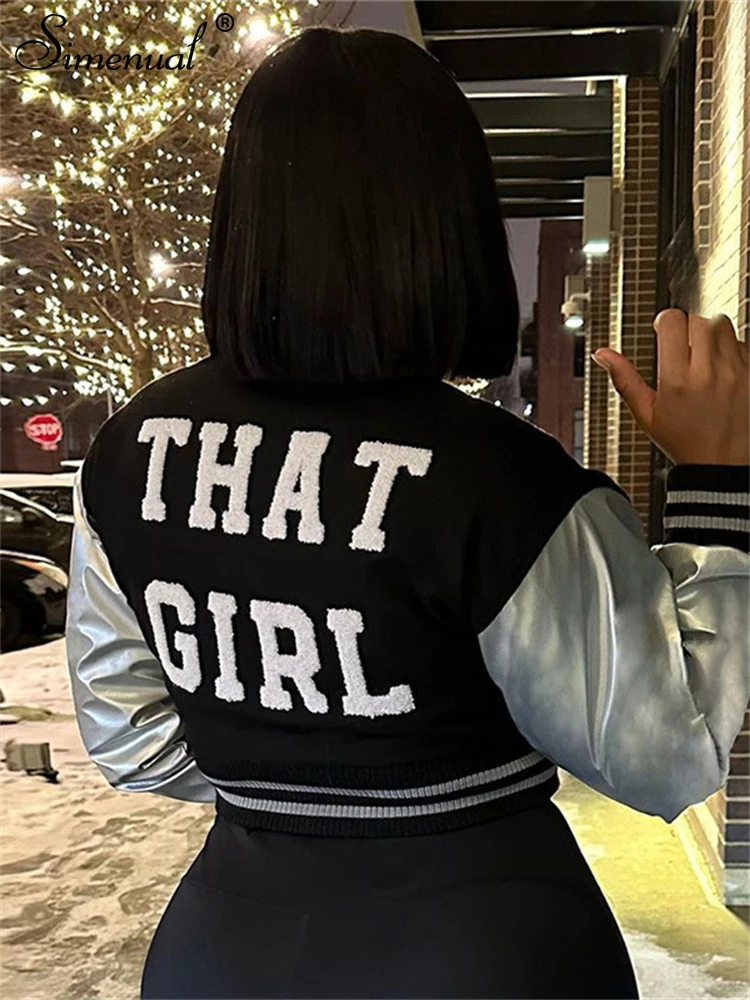 

Simenual Punk Chic Embroidery Letter Long Sleeve Cropped Jacket Women Casual Patchwork Coat Baseball Uniform Slim Street Outwear