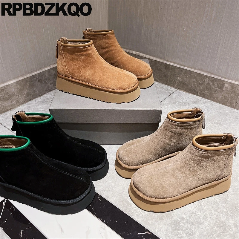 

Nubuck Round Toe Women Zipper Flatforms Fur Muffin Shoes Australian Genuine Leather Plush Snowboots Snow Boots Flats Booties